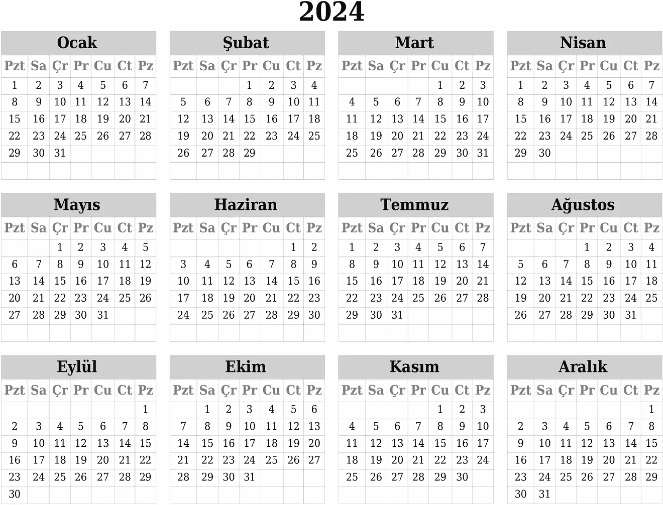 Miladi 2024 yili - 2024 Yılı Takvim